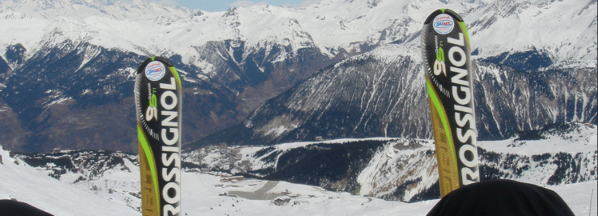 point of view from skier looking at the skis and mountain