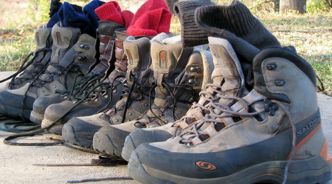 A pile of hiking boots